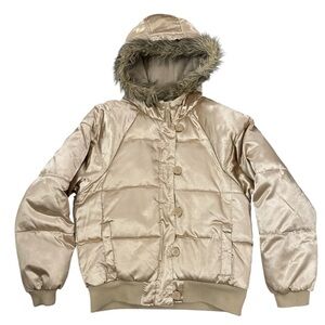 Steve & Barry Double Down Gold Puffer Coat Removable Fur Womens Large Winter Ski